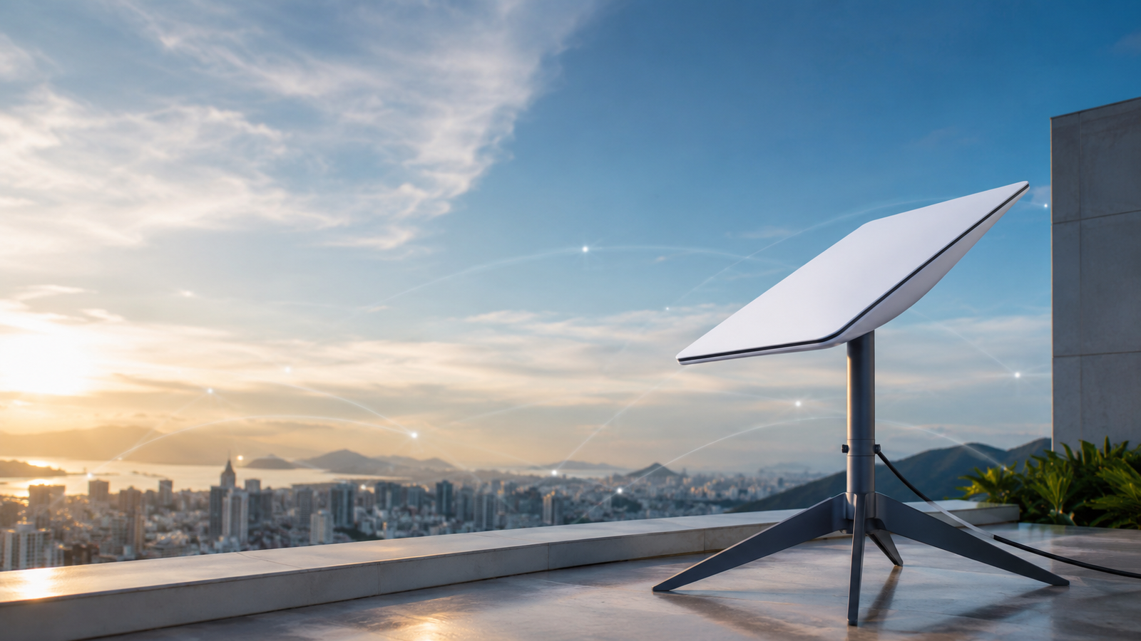Antena de internet via satélite em um terraço com vista urbana