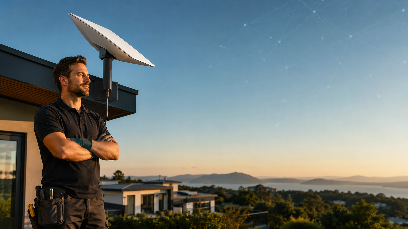 Profissional de instalação ao lado de uma antena de internet via satélite